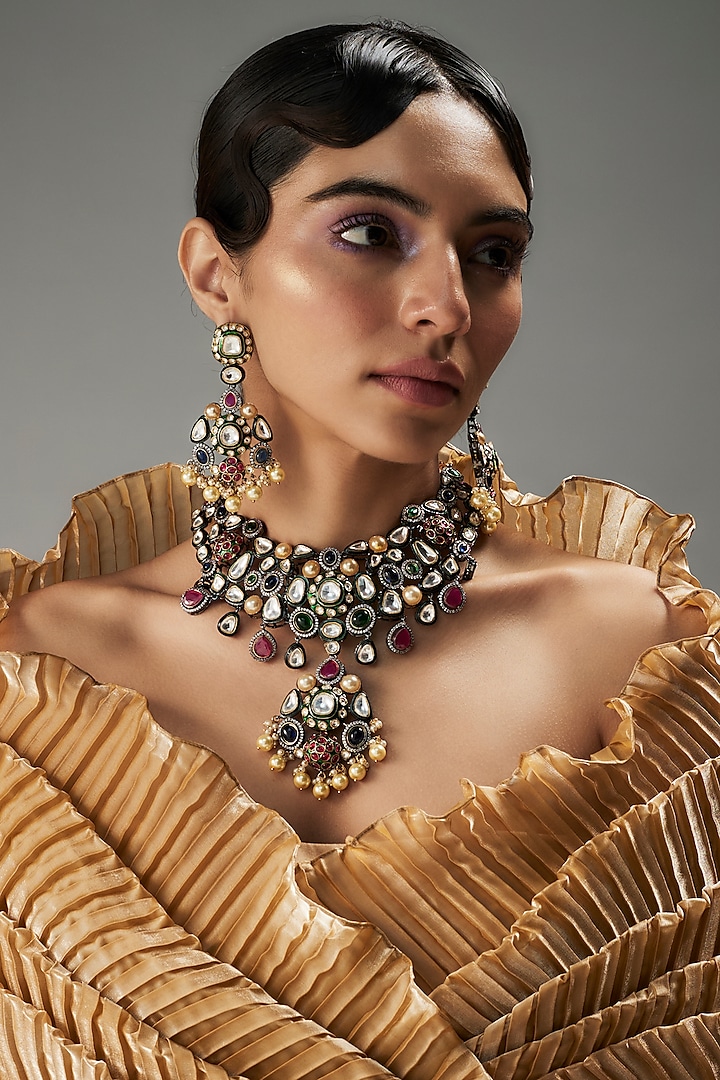 Gold Finish Kundan Polki & Multi-Colored Stone Necklace Set by VASTRAA Jewellery at Pernia's Pop Up Shop