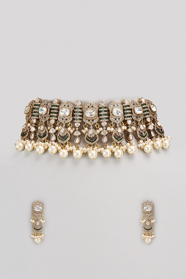 Gold Finish Kundan Polki Choker Necklace Set by VASTRAA Jewellery at Pernia's Pop Up Shop