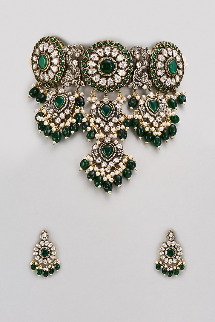Gold Finish Kundan Polki & Green Stone Choker Necklace Set by VASTRAA Jewellery at Pernia's Pop Up Shop