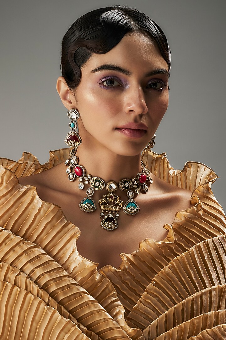 Gold Finish Kundan Polki & Multi-Colored Stone Necklace Set by VASTRAA Jewellery at Pernia's Pop Up Shop