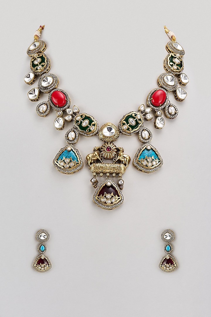 Gold Finish Kundan Polki & Multi-Colored Stone Necklace Set by VASTRAA Jewellery at Pernia's Pop Up Shop