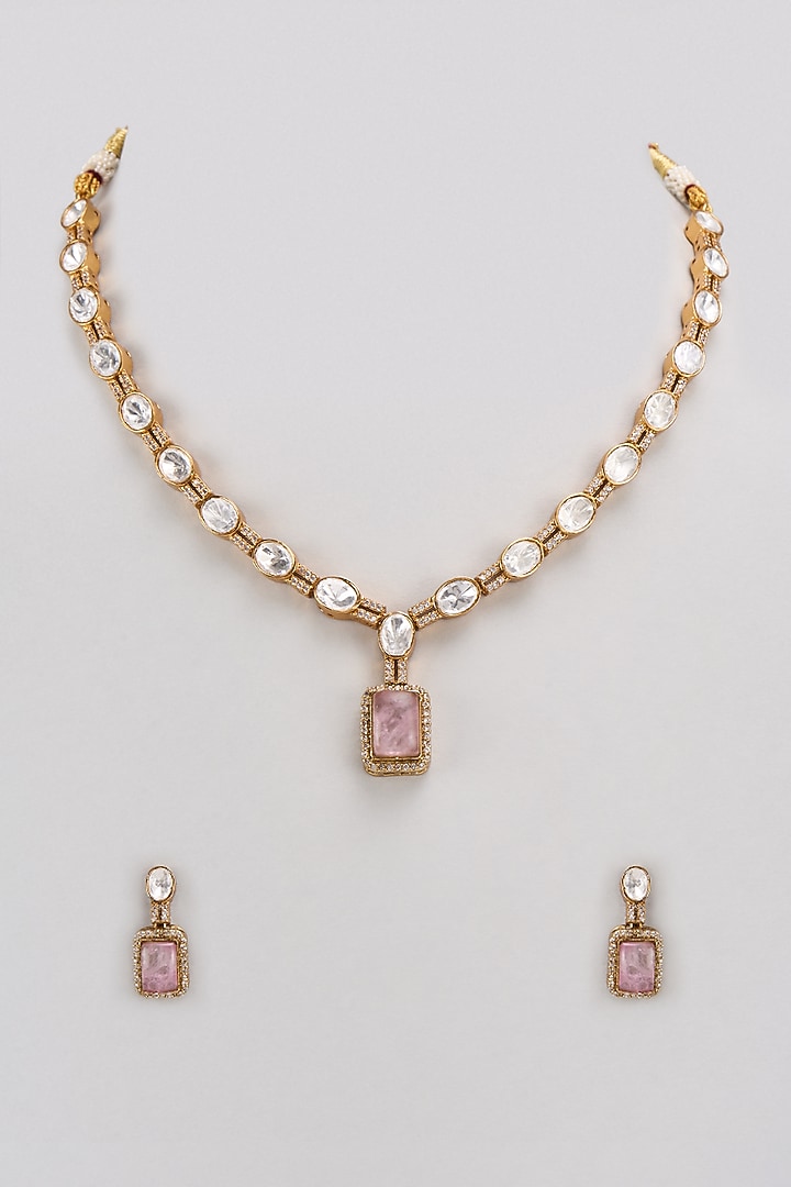 Gold Finish Kundan Polki & Pink Stone Long Necklace Set by VASTRAA Jewellery at Pernia's Pop Up Shop