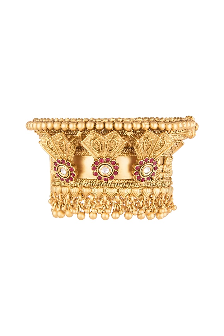 Gold Finish Red & White Kundan Polki Bangle by VASTRAA Jewellery at Pernia's Pop Up Shop