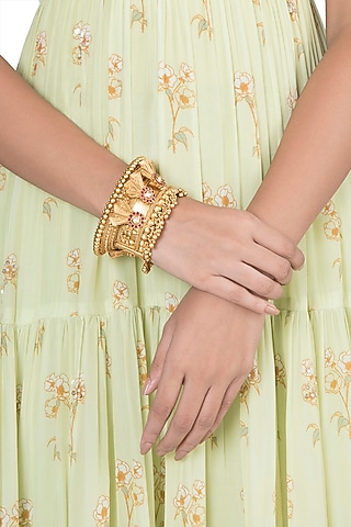 Gold Finish Red & White Kundan Polki Bangle by VASTRAA Jewellery