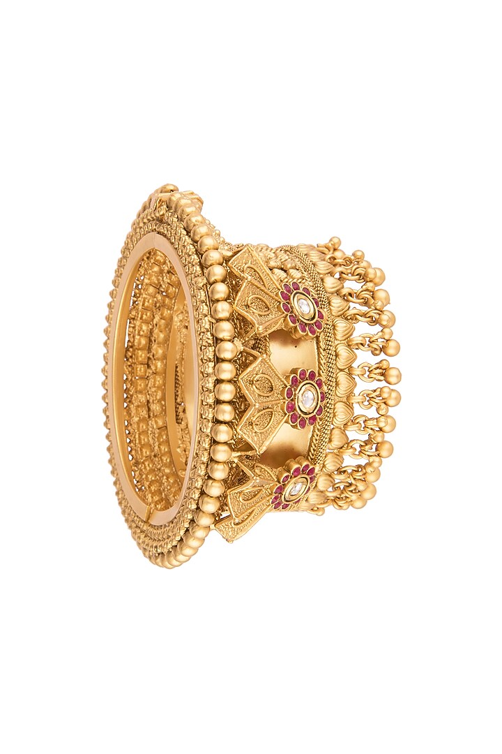 Gold Finish Red & White Kundan Polki Bangle by VASTRAA Jewellery at Pernia's Pop Up Shop