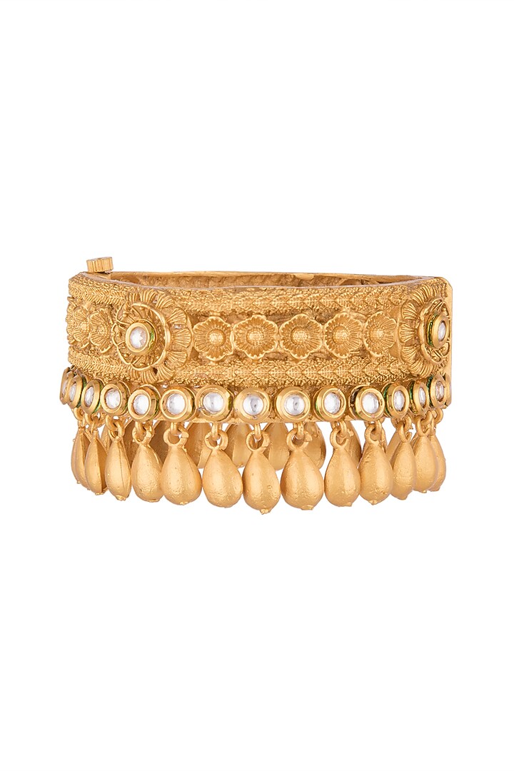 Gold Finish Antique Kundan Polki Bangle by VASTRAA Jewellery at Pernia's Pop Up Shop