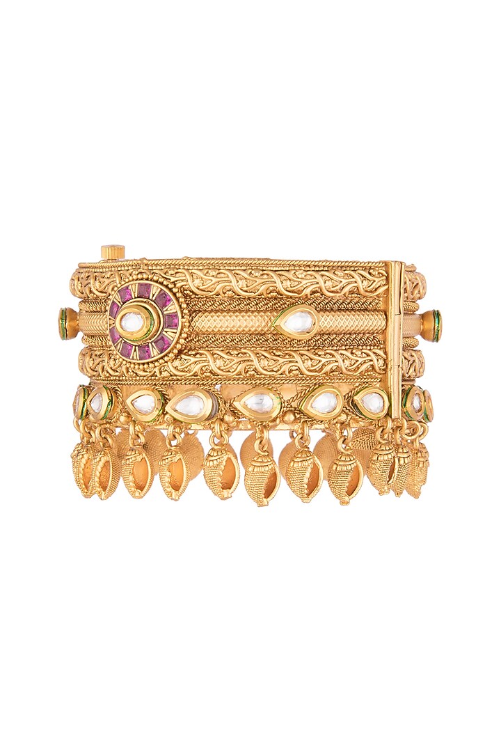 Gold Finish Red & White Kundan Polki Bangle by VASTRAA Jewellery at Pernia's Pop Up Shop