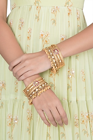 Gold Finish Red & White Kundan Polki Bangle by VASTRAA Jewellery