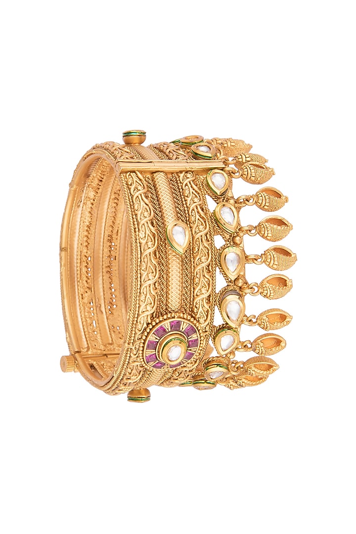 Gold Finish Red & White Kundan Polki Bangle by VASTRAA Jewellery at Pernia's Pop Up Shop