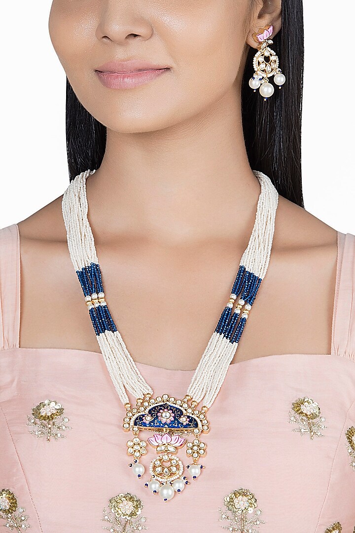 Gold Finish Kundan Polki & Faux Pearl Enameled Mala Necklace Set by VASTRAA Jewellery