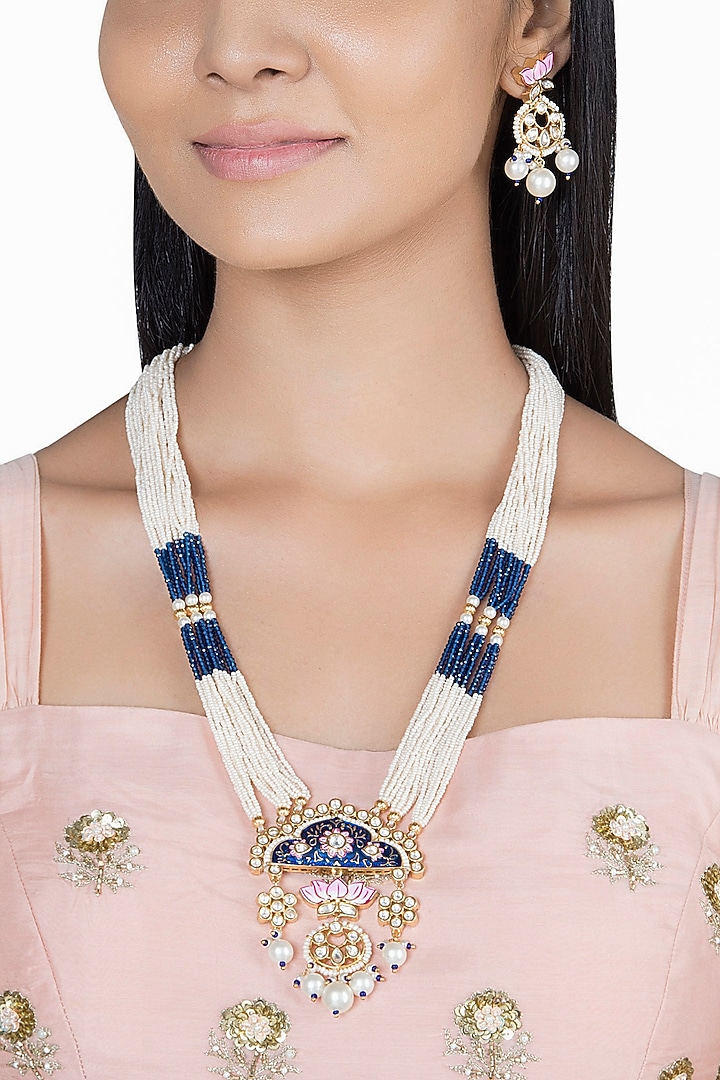 Gold Finish Kundan Polki & Faux Pearl Enameled Mala Necklace Set by VASTRAA Jewellery at Pernia's Pop Up Shop