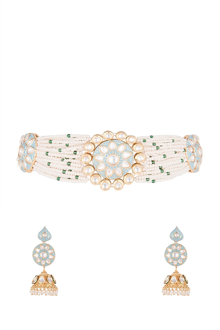 Gold Finish Kundan Polki & Faux Pearl Blue Enameled Choker Necklace Set by VASTRAA Jewellery at Pernia's Pop Up Shop