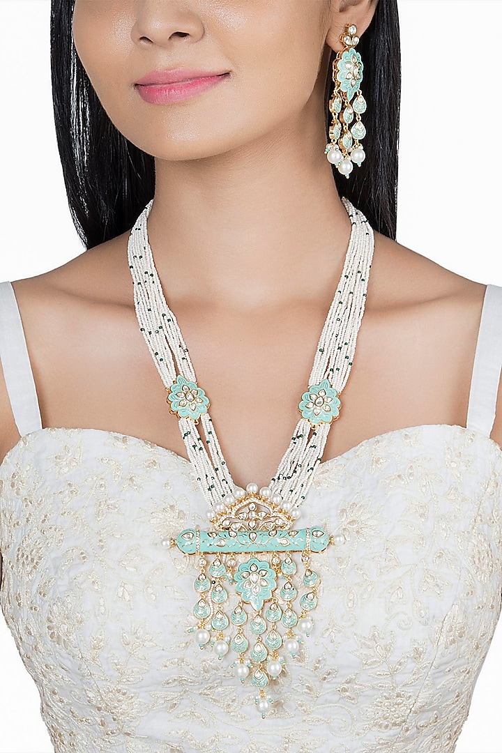Gold Finish Kundan Polki & Faux Pearl Enameled Long Necklace Set by VASTRAA Jewellery