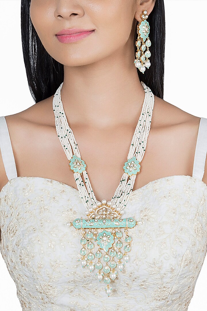 Gold Finish Kundan Polki & Faux Pearl Enameled Long Necklace Set by VASTRAA Jewellery at Pernia's Pop Up Shop