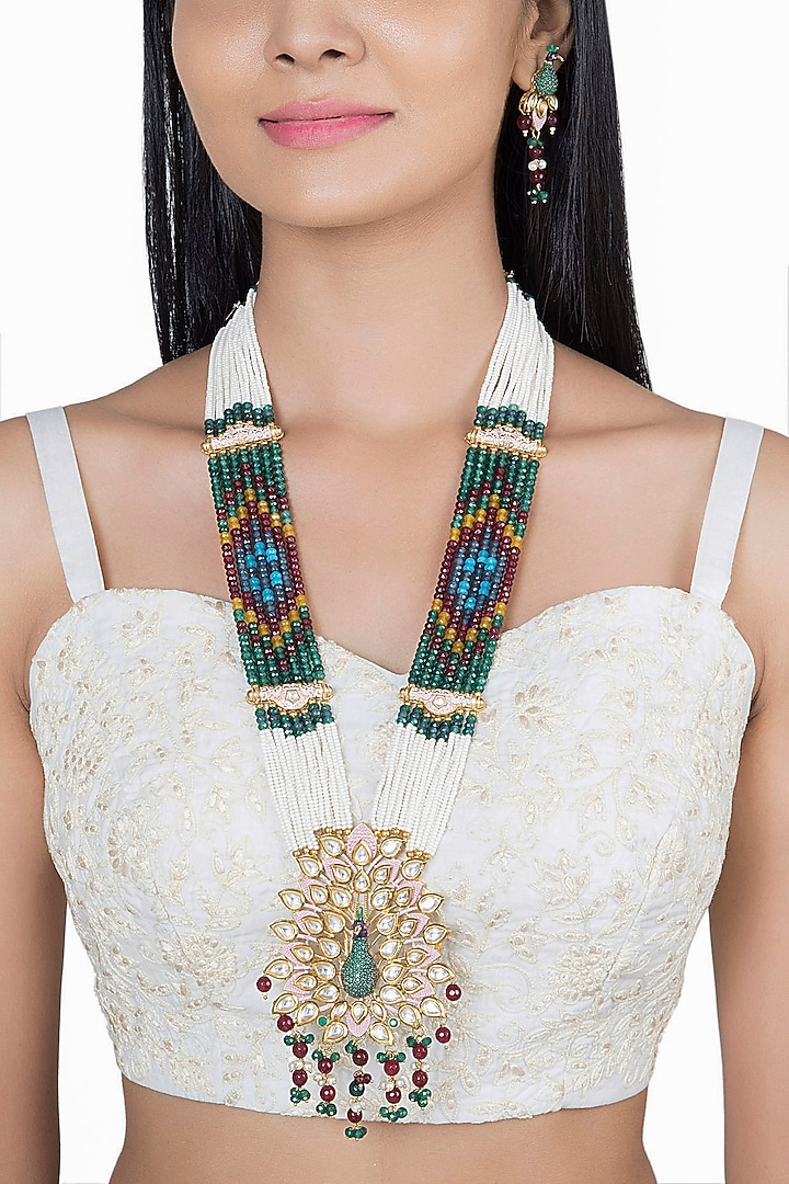 Gold Finish Faux Kundan Polki Enameled Peacock Mala Set by VASTRAA Jewellery at Pernia's Pop Up Shop