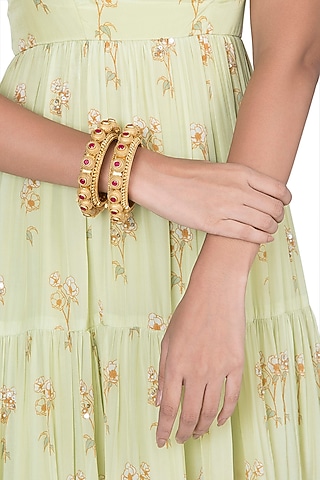Gold Finish Red Stone Antique Bangle by VASTRAA Jewellery