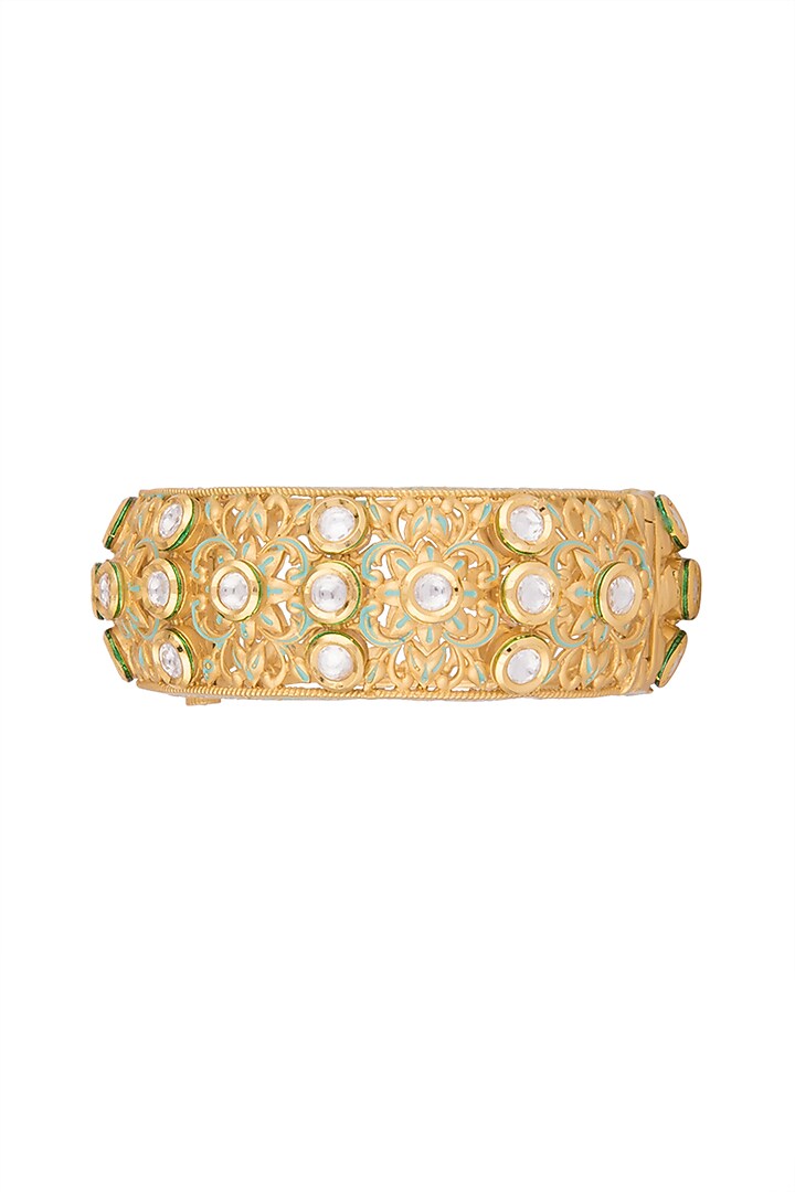 Gold Finish Green Enameled Openable Bangle (Set of 2) by VASTRAA Jewellery at Pernia's Pop Up Shop