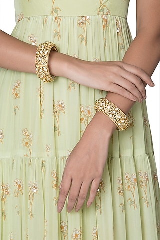 Gold Finish Green Enameled Openable Bangle (Set of 2) by VASTRAA Jewellery