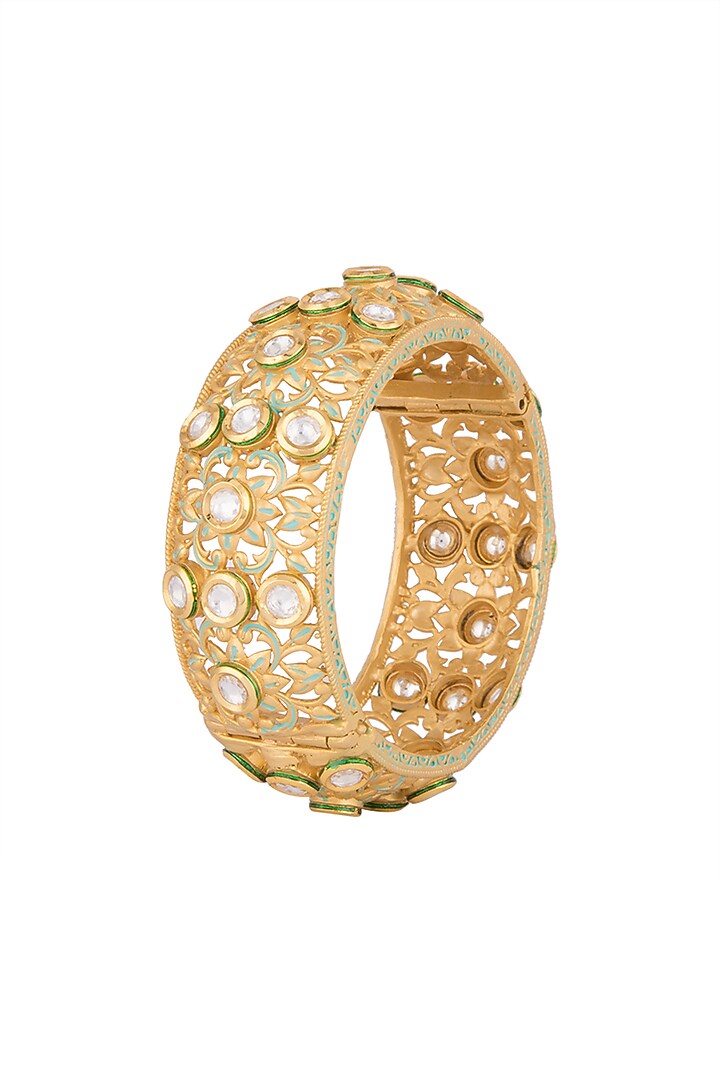 Gold Finish Green Enameled Openable Bangle (Set of 2) by VASTRAA Jewellery at Pernia's Pop Up Shop