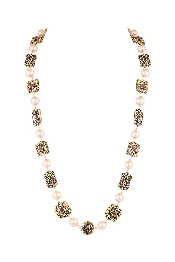 Gold Finish Faux Pearl & Red Stone Engraved Mala by VASTRAA Jewellery at Pernia's Pop Up Shop