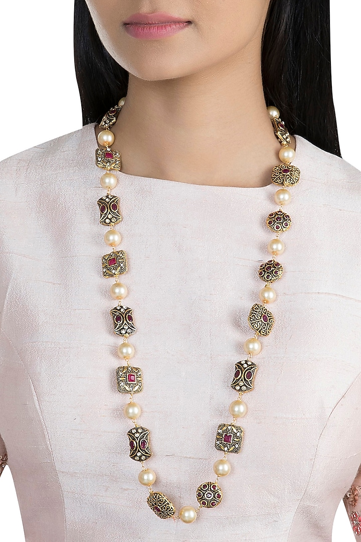 Gold Finish Faux Pearl & Red Stone Engraved Mala by VASTRAA Jewellery