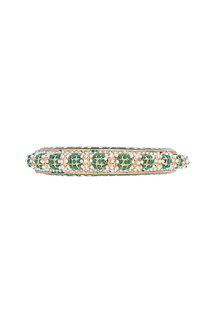 Gold Finish Blue Stone & Pearl Meenakari Openable Bangle by VASTRAA Jewellery at Pernia's Pop Up Shop