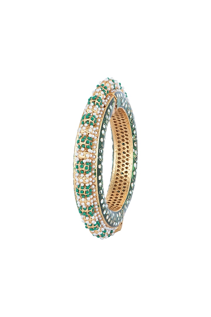 Gold Finish Blue Stone & Pearl Meenakari Openable Bangle by VASTRAA Jewellery at Pernia's Pop Up Shop