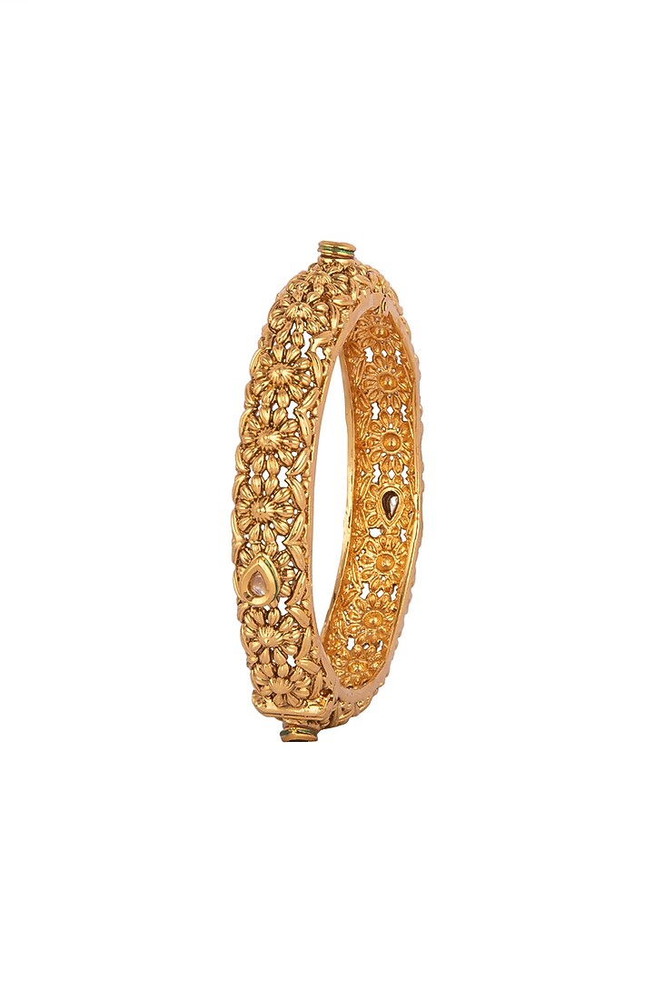 Gold Finish Kundan Polki Nakshi Openable Bangle (Set of 2) by VASTRAA Jewellery at Pernia's Pop Up Shop