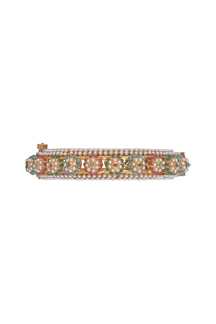 Gold Finish Faux Pearl & Multi-Colored Stone Openable Bangles (Set of 2) by VASTRAA Jewellery at Pernia's Pop Up Shop