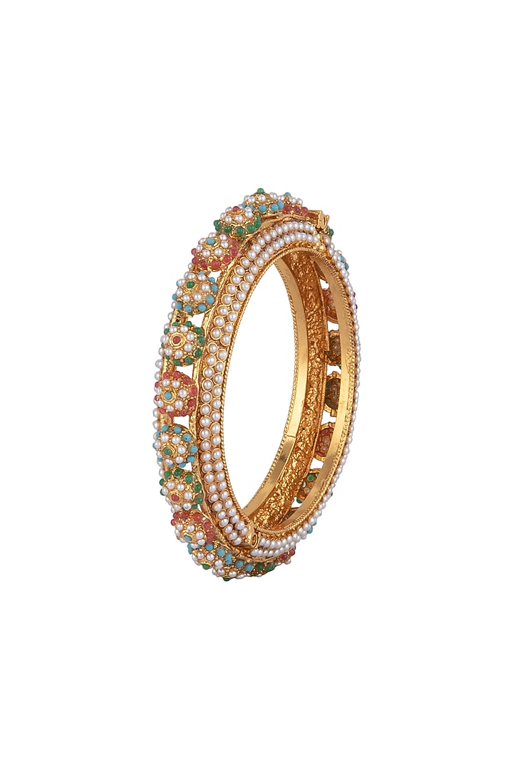 Gold Finish Faux Pearl & Multi-Colored Stone Openable Bangles (Set of 2) by VASTRAA Jewellery at Pernia's Pop Up Shop