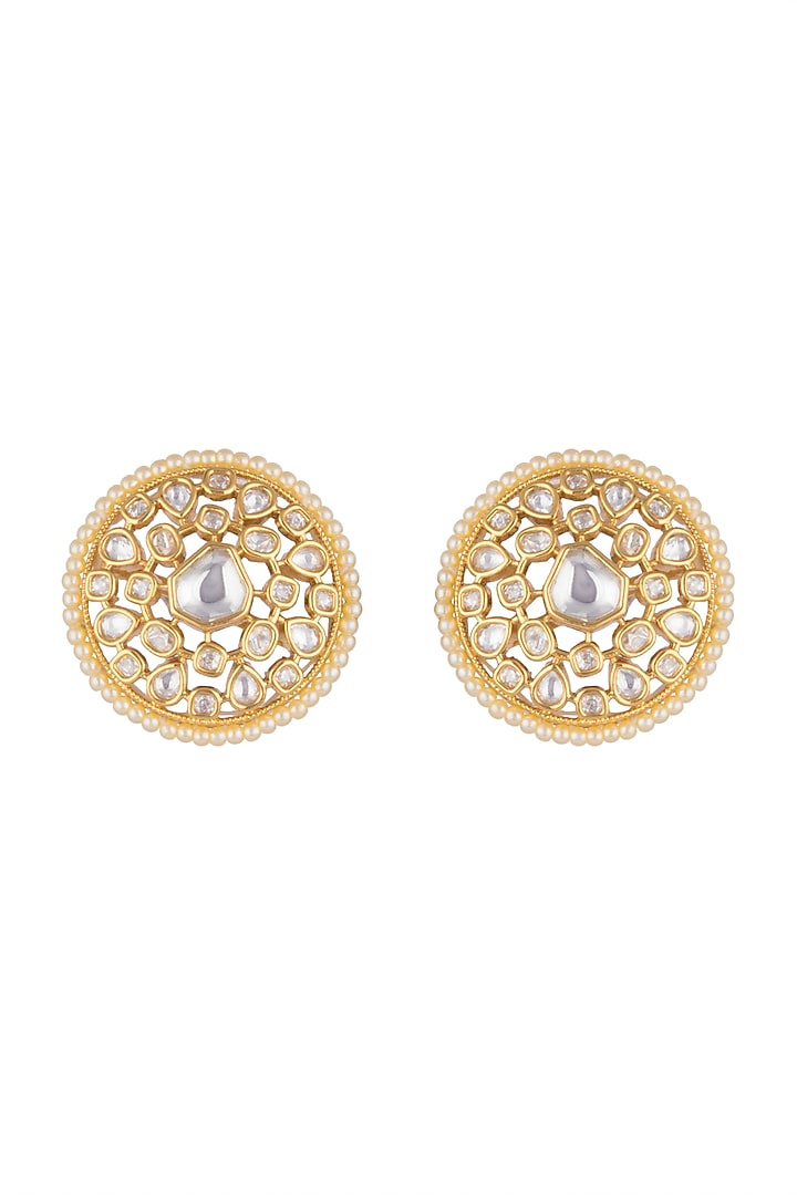 Gold Finish Faux Pearl & Kundan Polki Stud Earrings by VASTRAA Jewellery at Pernia's Pop Up Shop