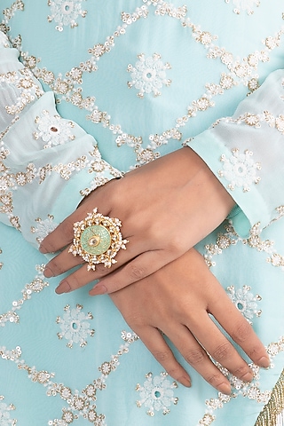 Gold Finish Kundan Polki Blue Meenakari Ring by VASTRAA Jewellery
