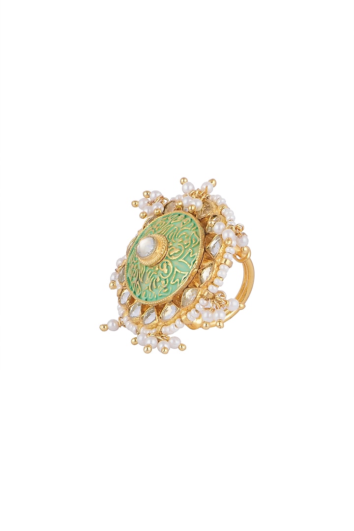 Gold Finish Kundan Polki Blue Meenakari Ring by VASTRAA Jewellery at Pernia's Pop Up Shop