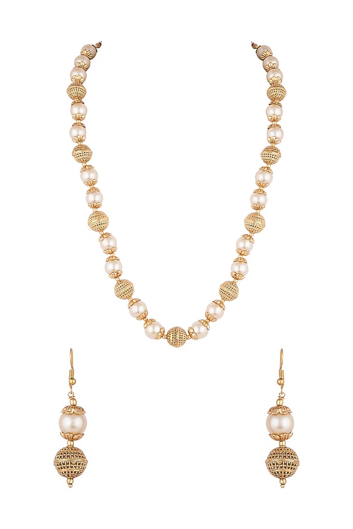 Gold Finish Metal Balls & Pearl Mala Set by VASTRAA Jewellery at Pernia's Pop Up Shop