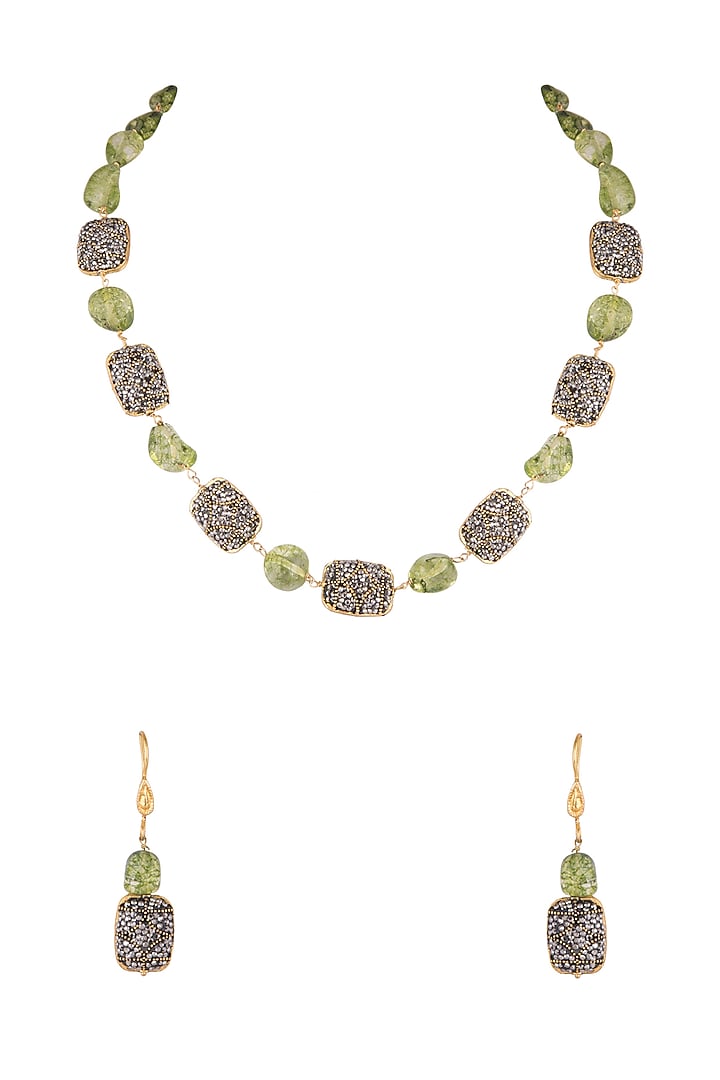 Gold Finish Green & Black Stone Mala Set by VASTRAA Jewellery at Pernia's Pop Up Shop