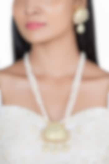 Gold Finish Kundan Polki & Faux Pearl Green Enameled Necklace Set by VASTRAA Jewellery
