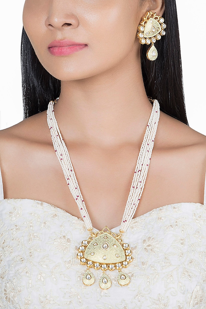 Gold Finish Kundan Polki & Faux Pearl Green Enameled Necklace Set by VASTRAA Jewellery