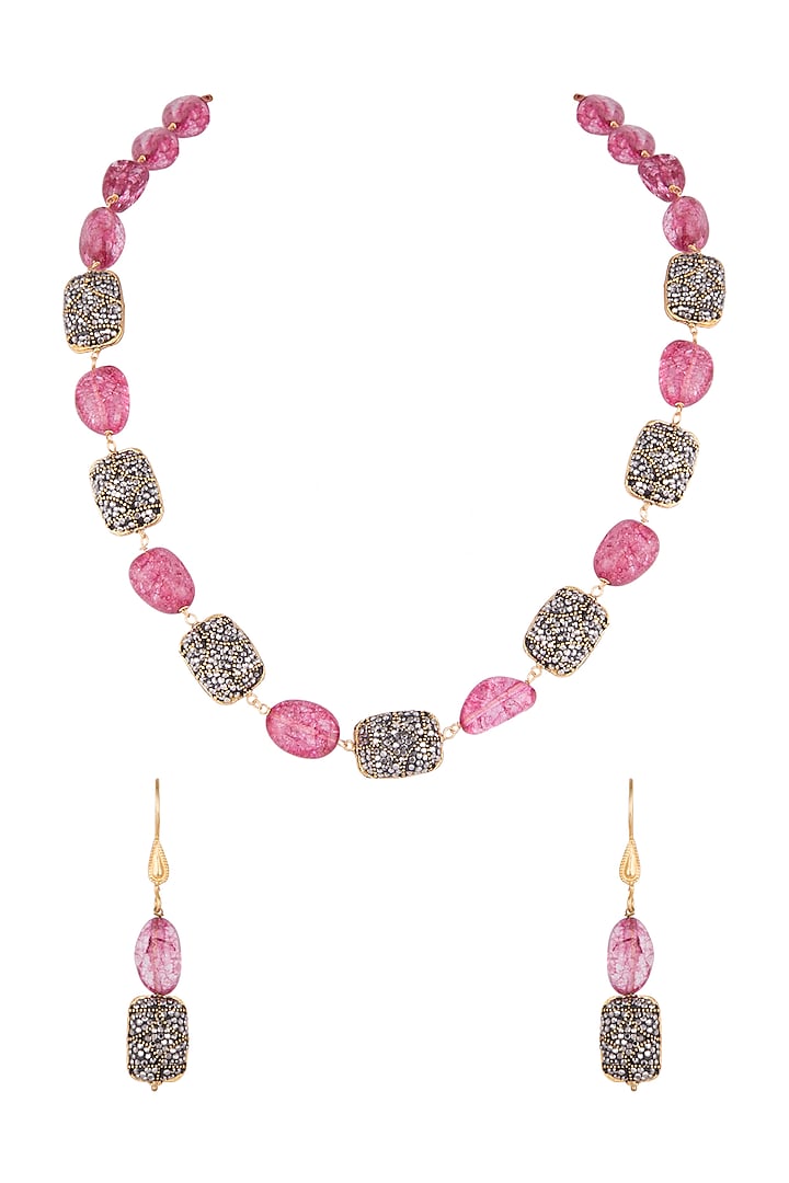 Gold Finish Pink & Black Stone Mala Set by VASTRAA Jewellery at Pernia's Pop Up Shop