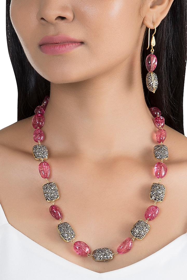 Gold Finish Pink & Black Stone Mala Set by VASTRAA Jewellery