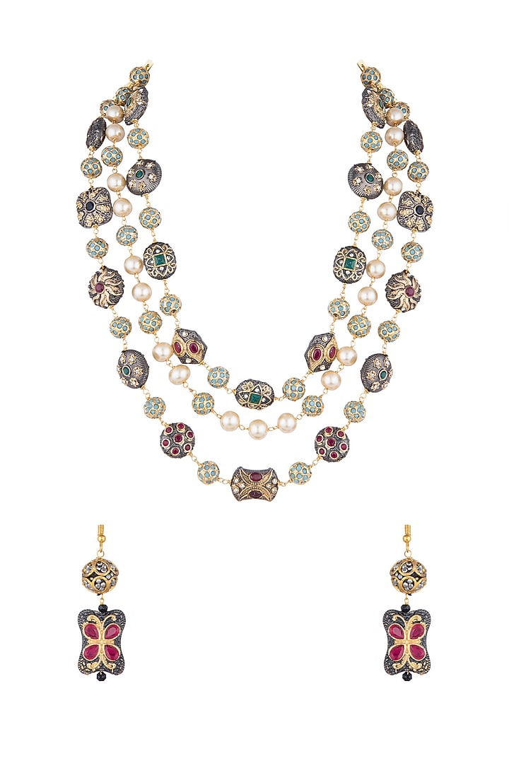 Gold Finish Faux Pearl & Multi-Colored Stone Layered Mala Set by VASTRAA Jewellery at Pernia's Pop Up Shop