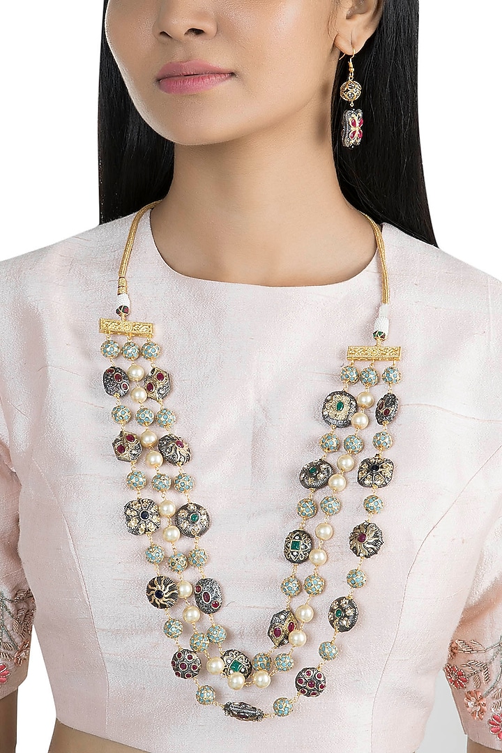 Gold Finish Faux Pearl & Multi-Colored Stone Layered Mala Set by VASTRAA Jewellery