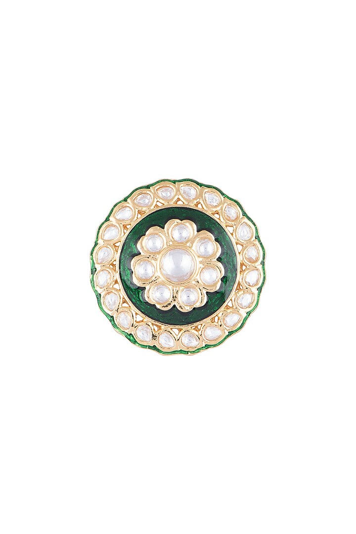 Gold Finish Kundan Polki Green Meenakari Ring by VASTRAA Jewellery at Pernia's Pop Up Shop