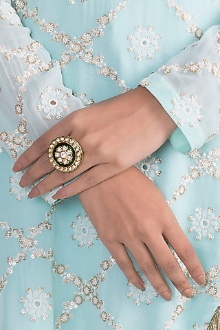 Gold Finish Kundan Polki Green Meenakari Ring by VASTRAA Jewellery