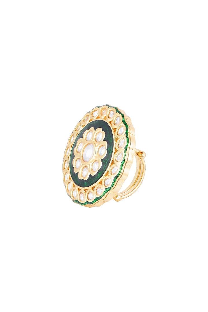 Gold Finish Kundan Polki Green Meenakari Ring by VASTRAA Jewellery at Pernia's Pop Up Shop