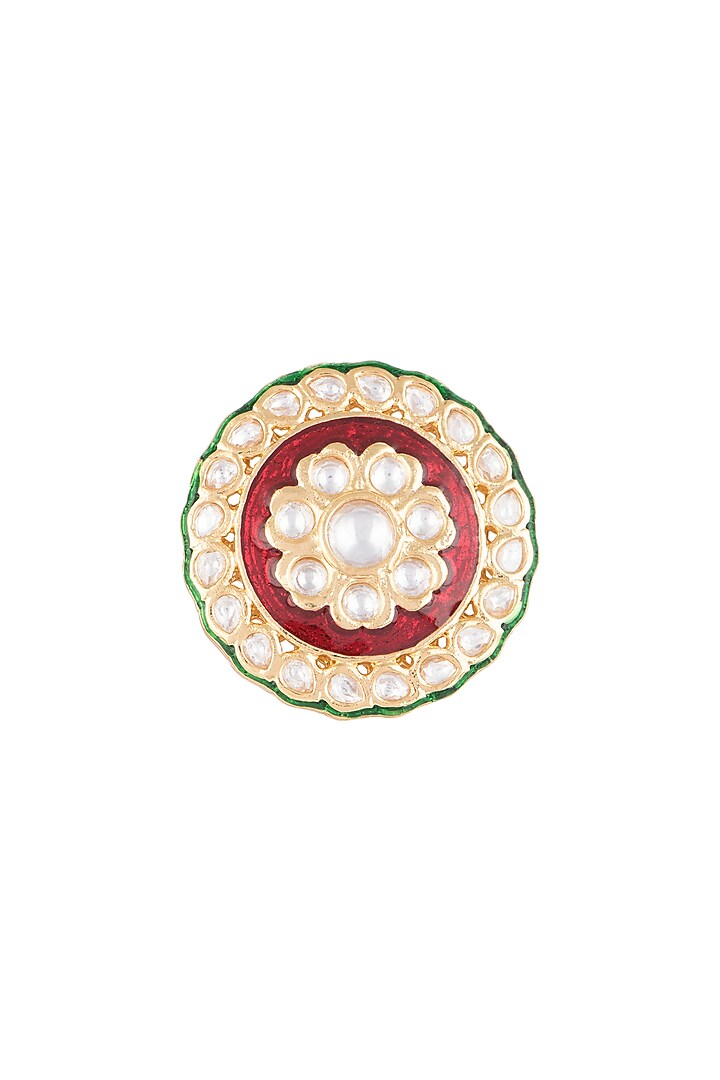 Gold Finish Kundan Polki Red & Green Meenakari Ring by VASTRAA Jewellery at Pernia's Pop Up Shop