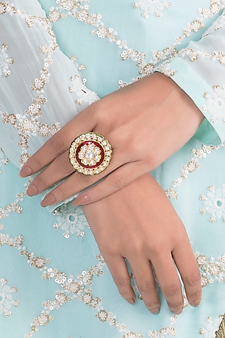 Gold Finish Kundan Polki Red & Green Meenakari Ring by VASTRAA Jewellery