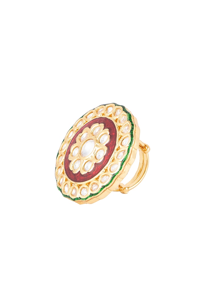 Gold Finish Kundan Polki Red & Green Meenakari Ring by VASTRAA Jewellery at Pernia's Pop Up Shop