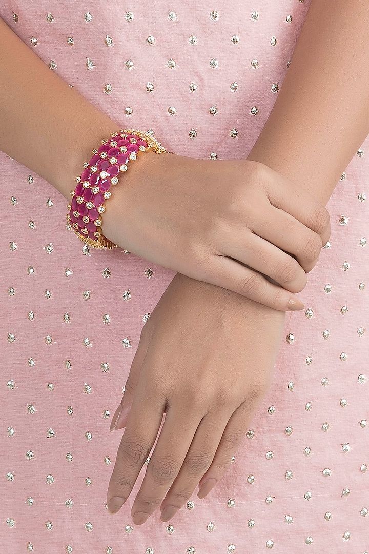 Gold Finish Zircon & Pink Stone Bangle by VASTRAA Jewellery