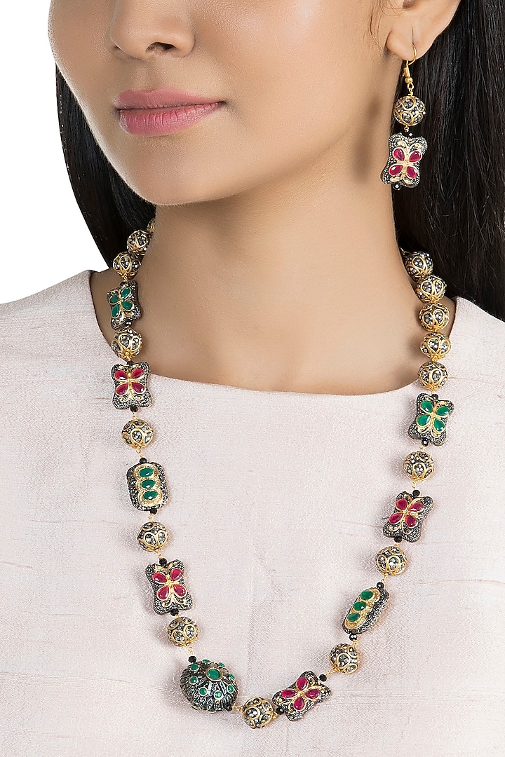 Gold Finish Multi-Colored Stone Mala Necklace Set by VASTRAA Jewellery