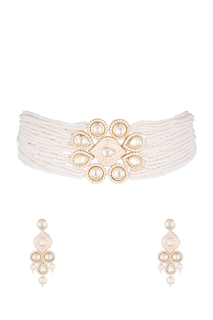 Gold Finish Zircon & Pearl Pink Enameled Choker Necklace Set by VASTRAA Jewellery at Pernia's Pop Up Shop